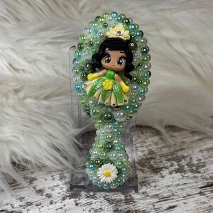 Green and Yellow Beaded Hairbrush with Tiana Doll Design